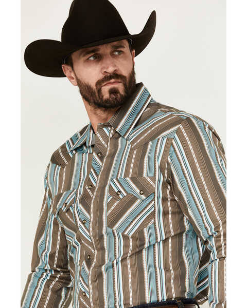 Image #2 - Rock & Roll Denim Men's Serape Striped Print Long Sleeve Pearl Snap Western Shirt, Brown, hi-res