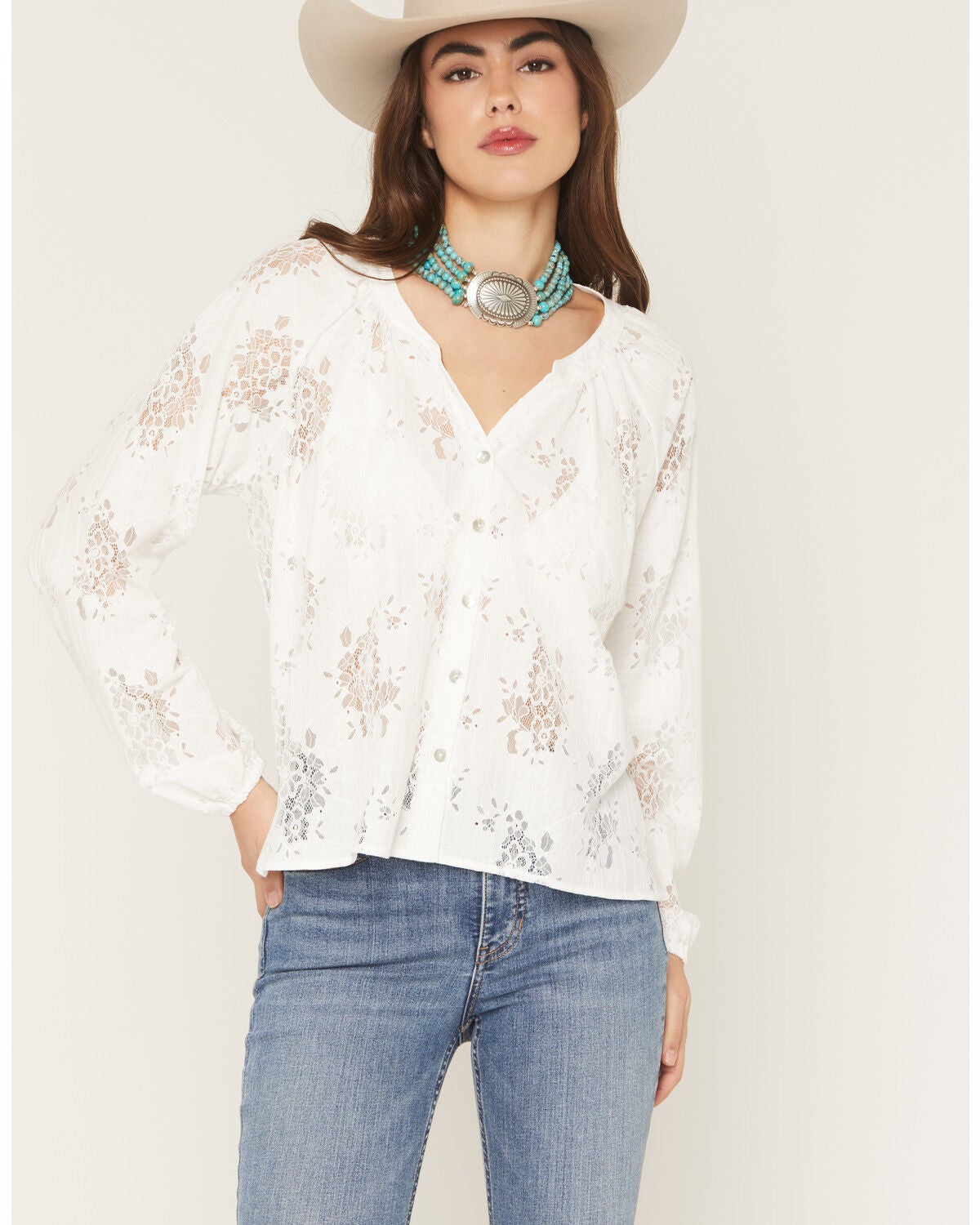 Image #1 - Wild Moss Women's Solid Lace Long Sleeve Button-Down Peasant Top, White, hi-res