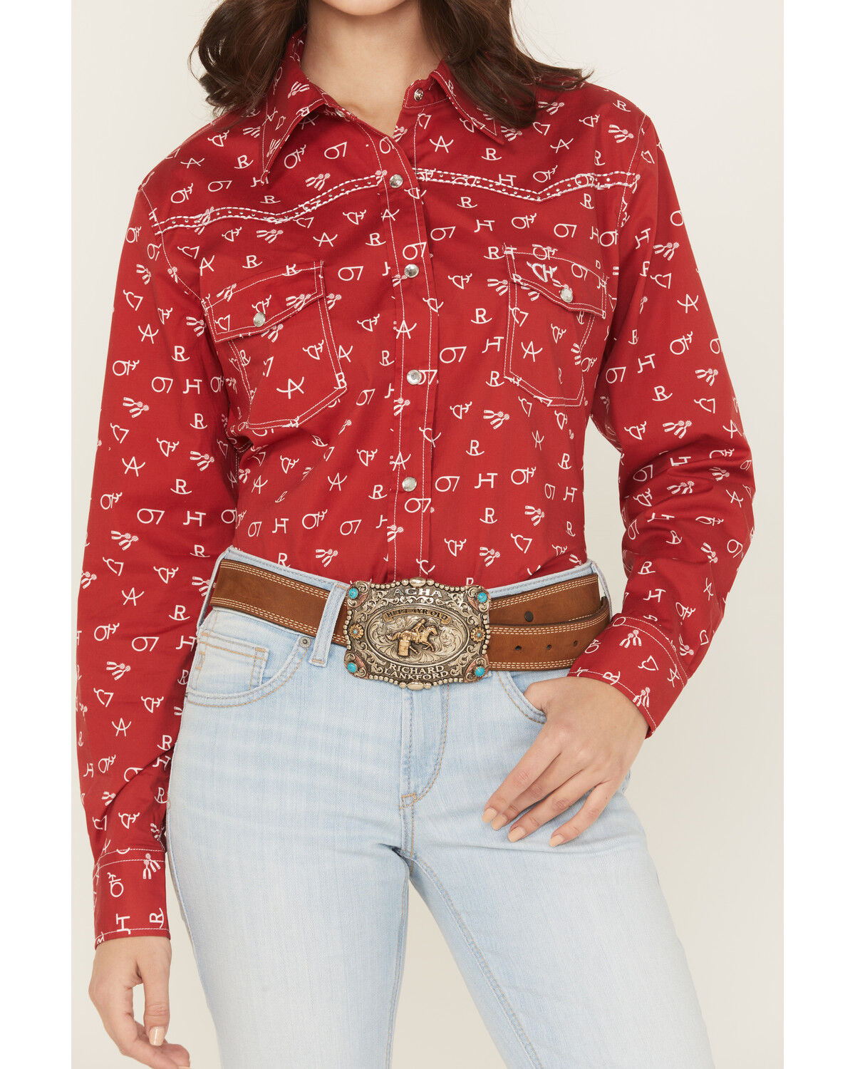 Image #3 - Cowgirl Hardware Women's Branding Print Long Sleeve Rhinestone Snap Stretch Western Shirt, Red, hi-res