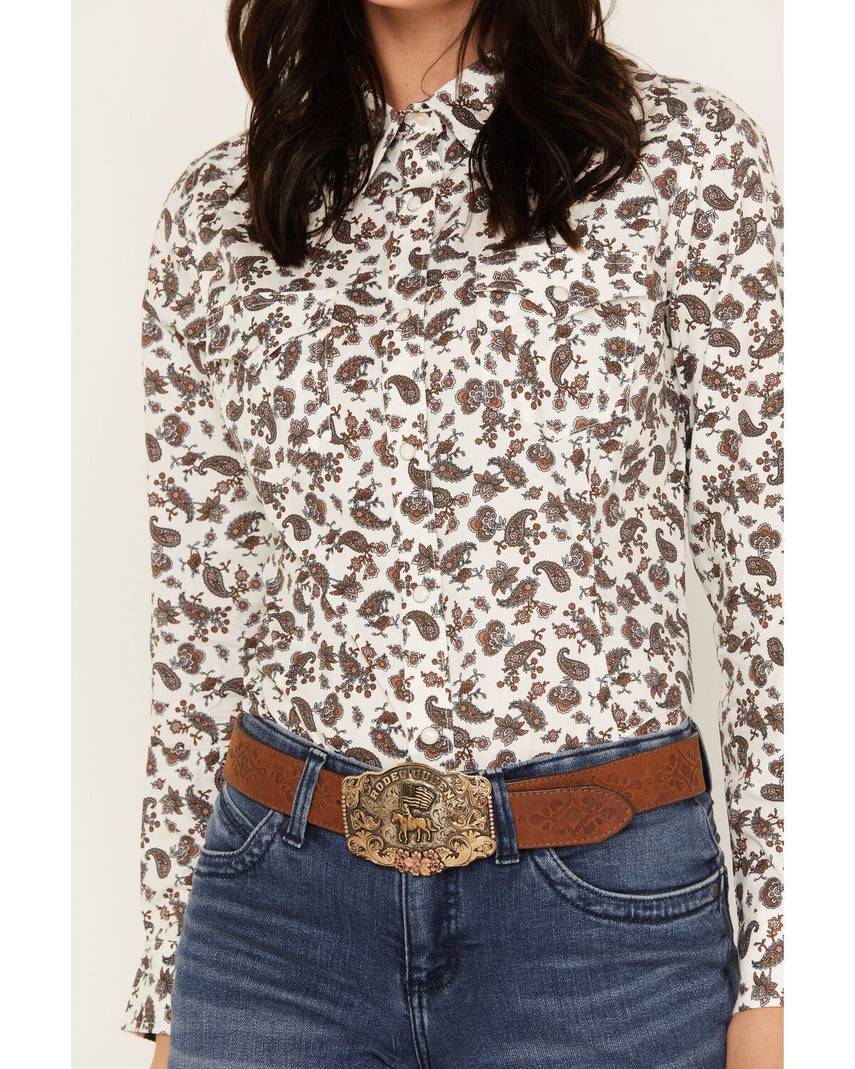Image #3 - Wrangler Women's Paisley Long Sleeve Western Pearl Snap Shirt, Blue/white, hi-res
