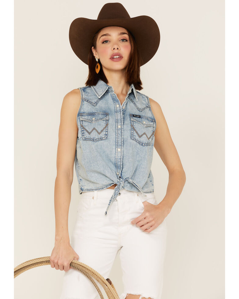 Wrangler Women's Light wash Sleeveless Denim Tie Front Top, Blue, hi-res
