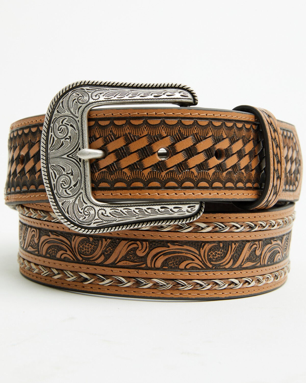Cody James Men's Keaton Basketweave Tooled Leather Belt, Tan, hi-res