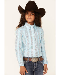 Panhandle Girls' Agua Wallpaper Print Long Sleeve Snap Western Shirt , Aqua, hi-res