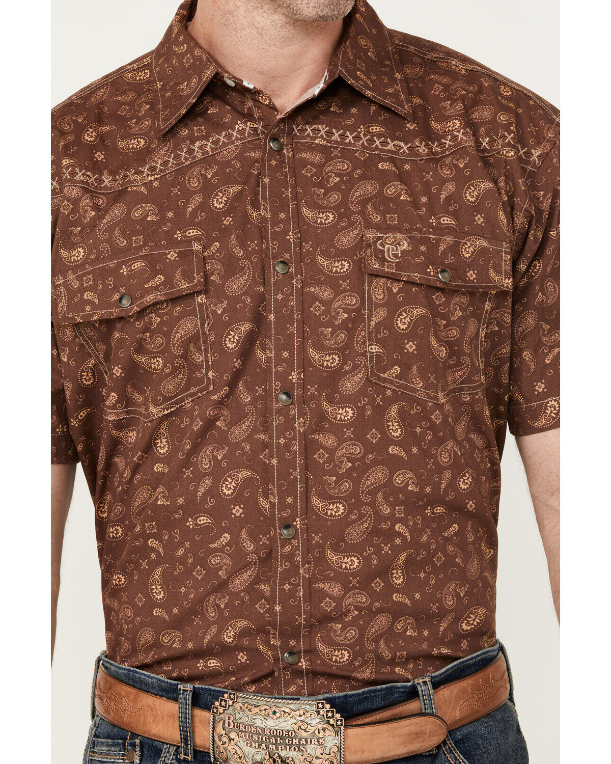 Image #3 - Cowboy Hardware Men's Roman Paisley Print Short Sleeve Western Snap Shirt, Brown, hi-res
