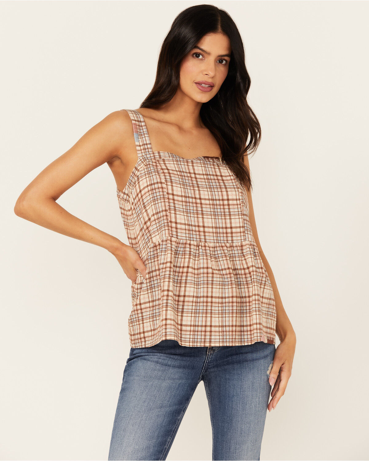 Image #1 - Cleo + Wolf Women's Beverly Plaid Print Sleeveless Tank, Oatmeal, hi-res