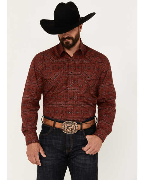 Image #1 - Rough Stock by Panhandle Men's Southwestern Print Long Sleeve Snap Western Shirt, Burgundy, hi-res