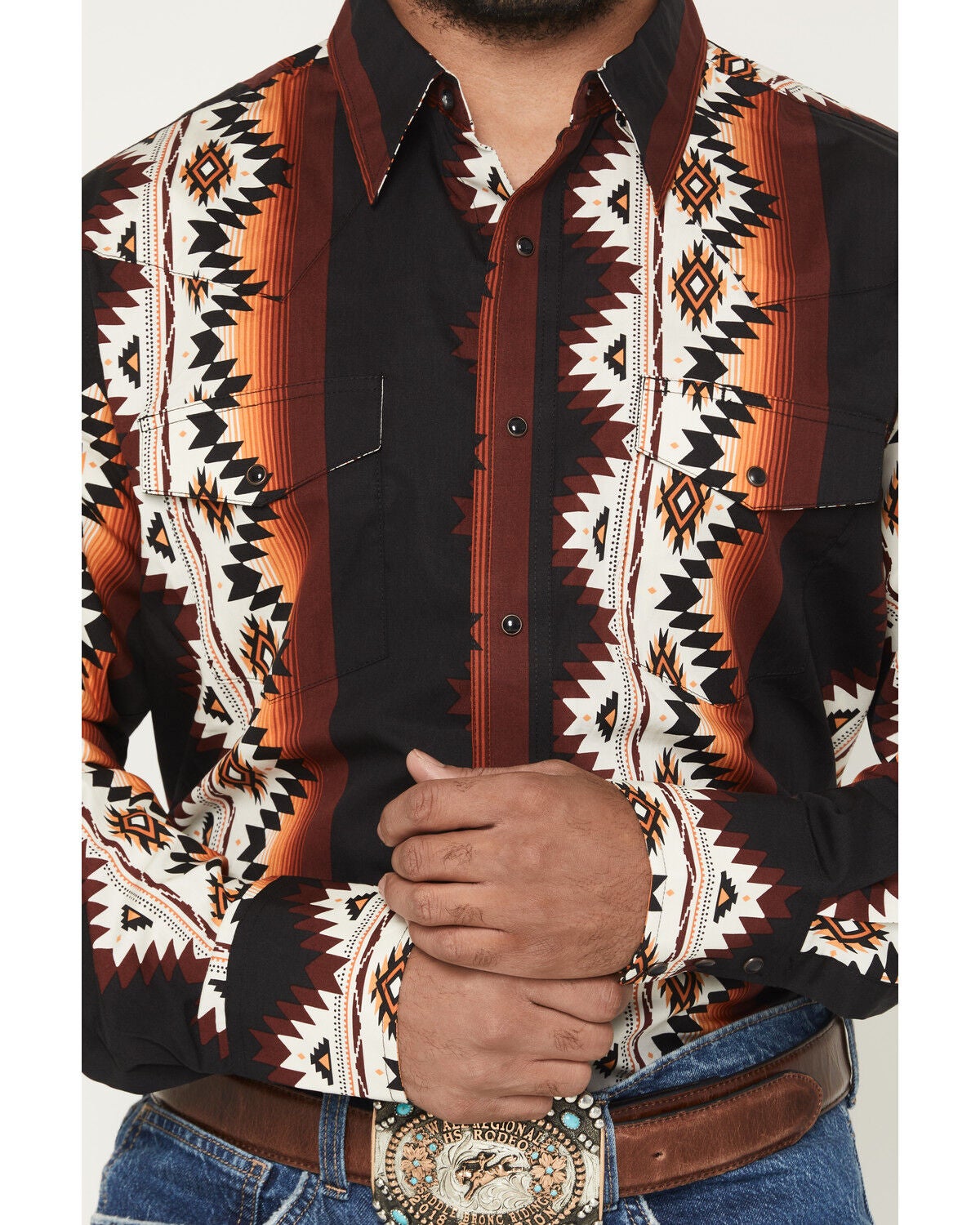 Image #3 - Wrangler Men's Checotah Southwestern Print Long Sleeve Snap Western Shirt - Tall, Black, hi-res