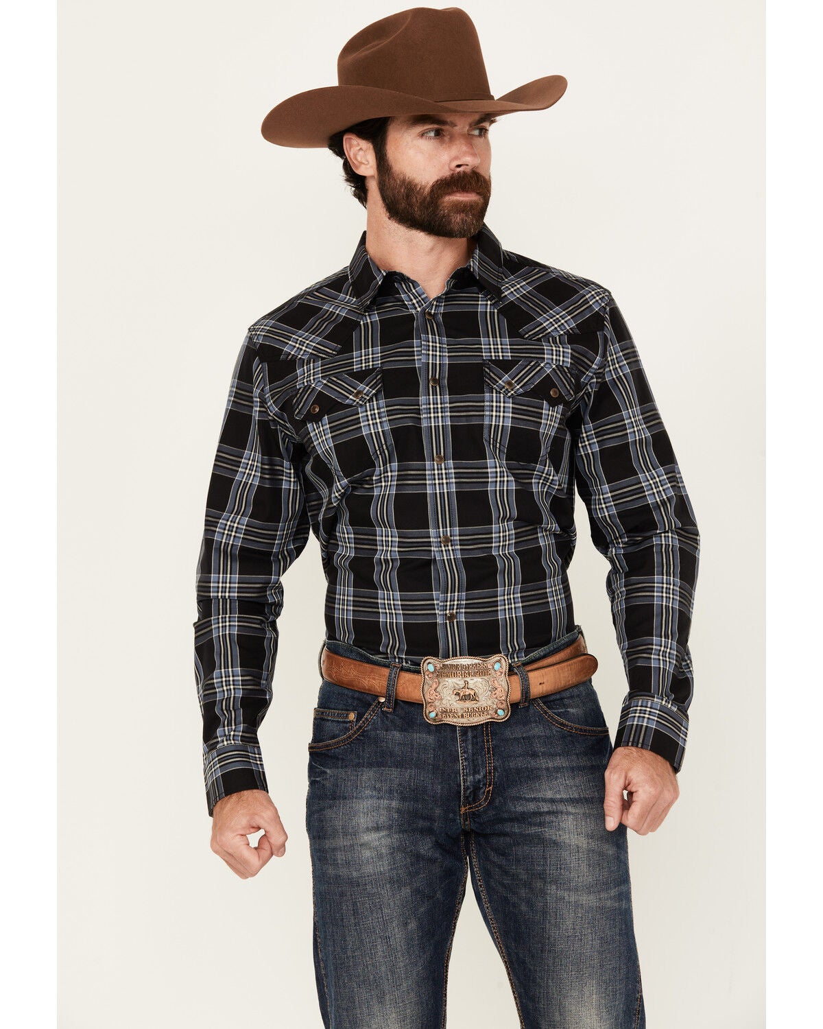 Cody James Men's Irving Plaid Print Long Sleeve Snap Western Shirt - Big, Navy, hi-res