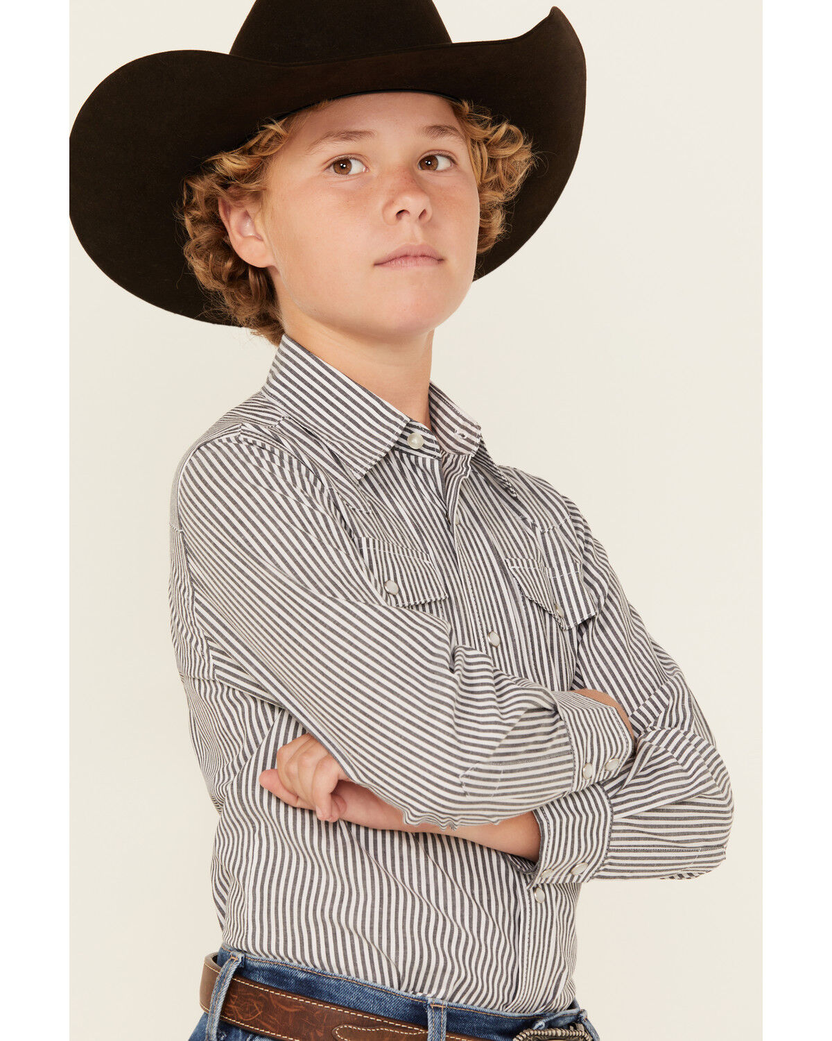 Image #2 - Wrangler Boys' Striped Print Long Sleeve Pearl Snap Western Shirt, Black/white, hi-res