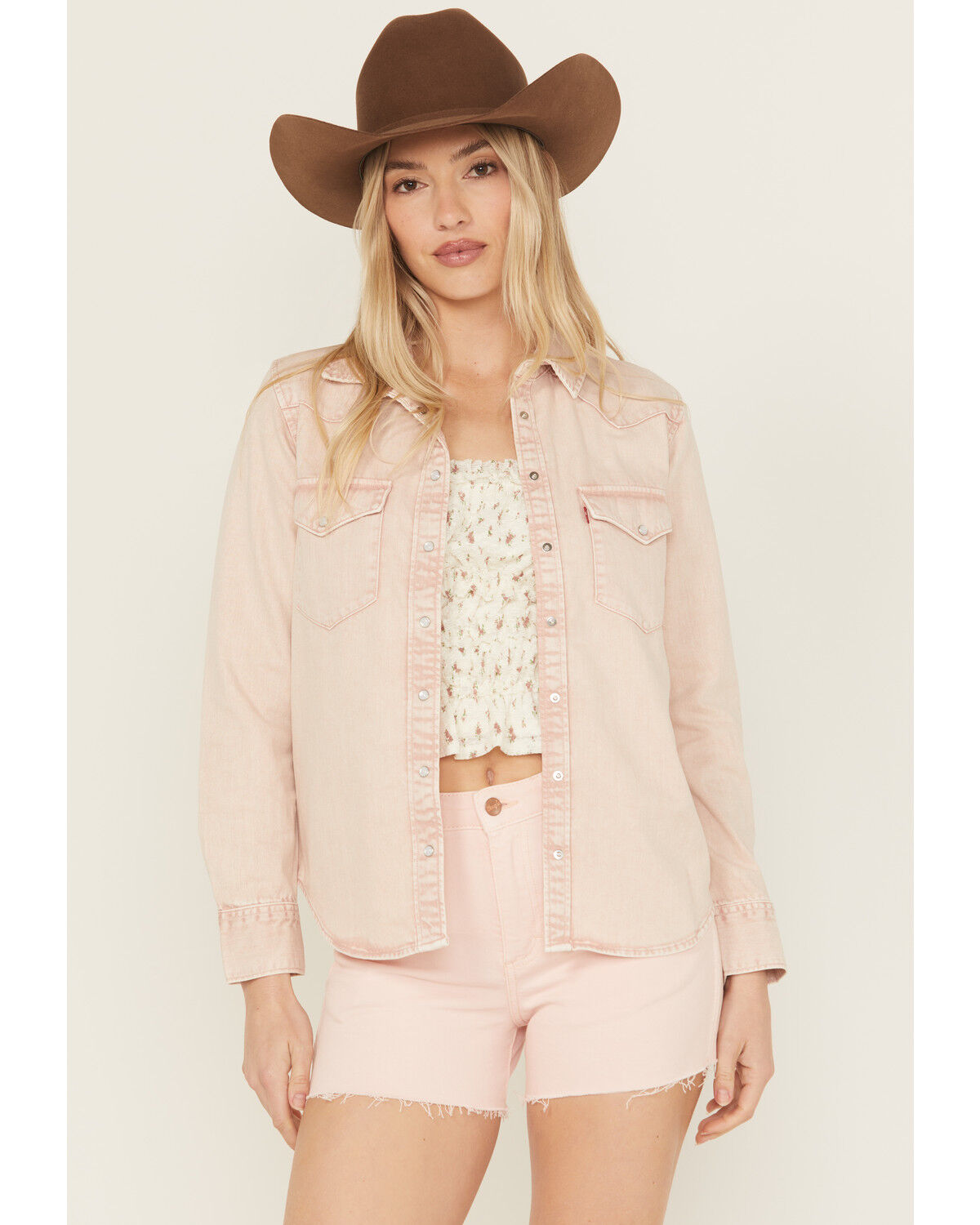Image #1 - Levi's Women's Denim Long Sleeve Snap Western Shirt, Pink, hi-res