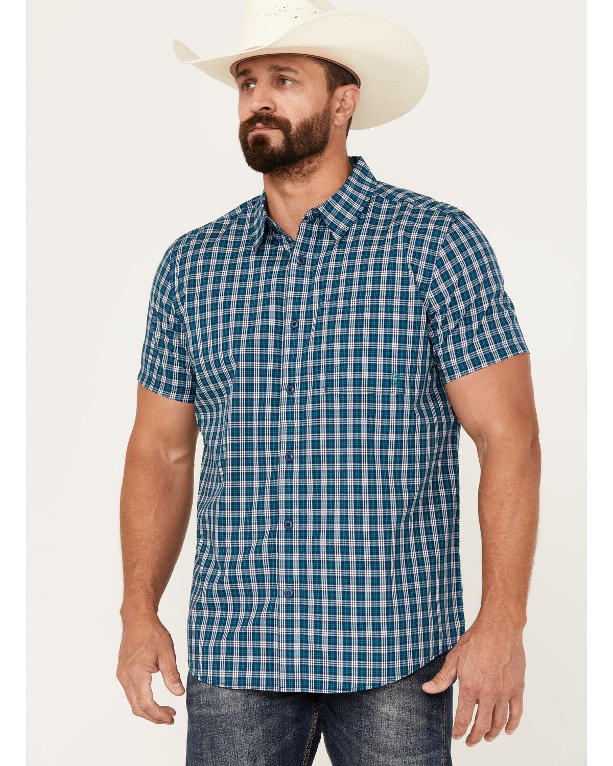 Brothers and Sons Men's Rockport Plaid Short Sleeve Button Down Western Shirt, Dark Blue, hi-res
