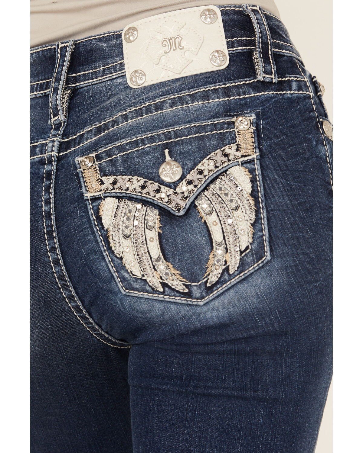 Image #2 - Miss Me Women's Dark Wash Mid Rise Winged Pocket Bootcut Stretch Denim Jeans, Dark Wash, hi-res