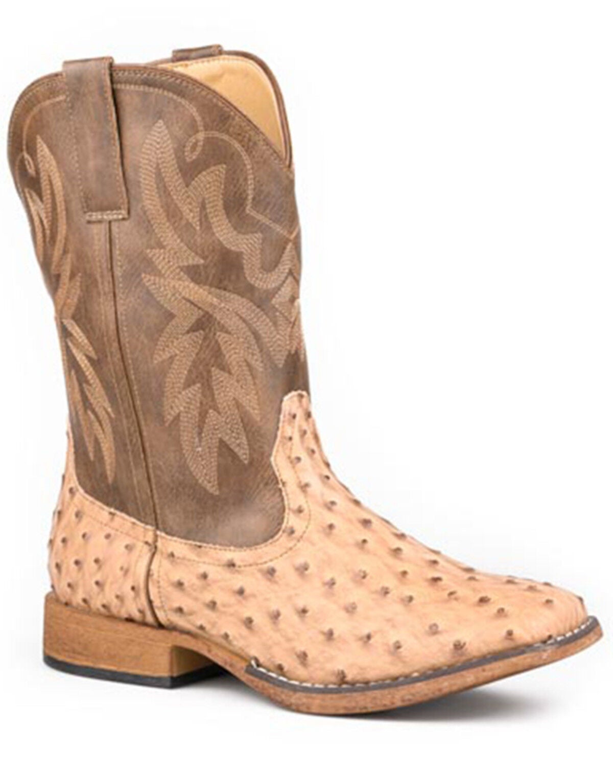 Roper Men's Cowboy Classic Ostrich Print Western Boots - Broad Square Toe, Tan, hi-res