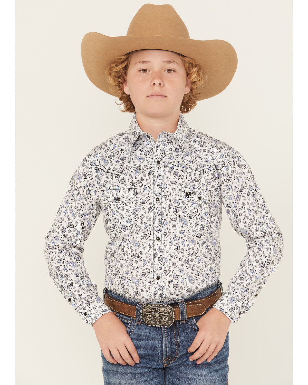 Image #1 - Cowboy Hardware Boys' Paisley Print Long Sleeve Snap Stretch Western Shirt, White, hi-res
