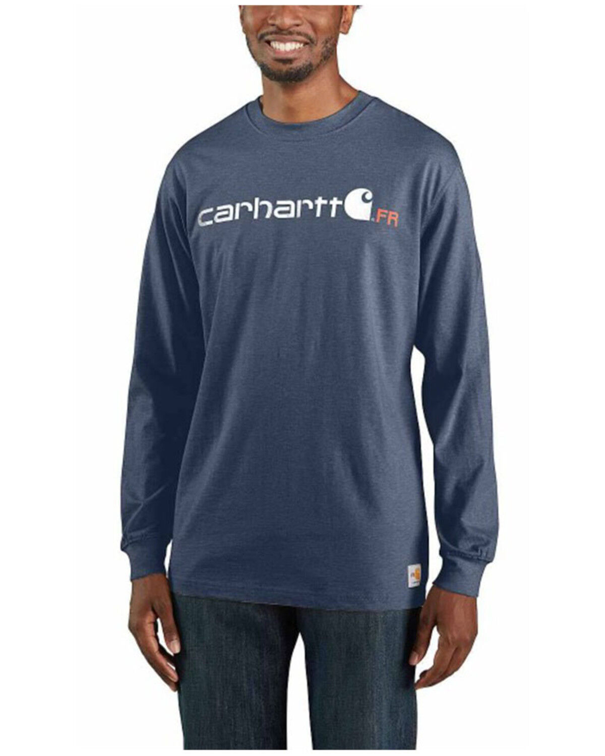 Image #1 - Carhartt Men's FR Force Midweight Logo Long Sleeve Work T-Shirt, Dark Blue, hi-res