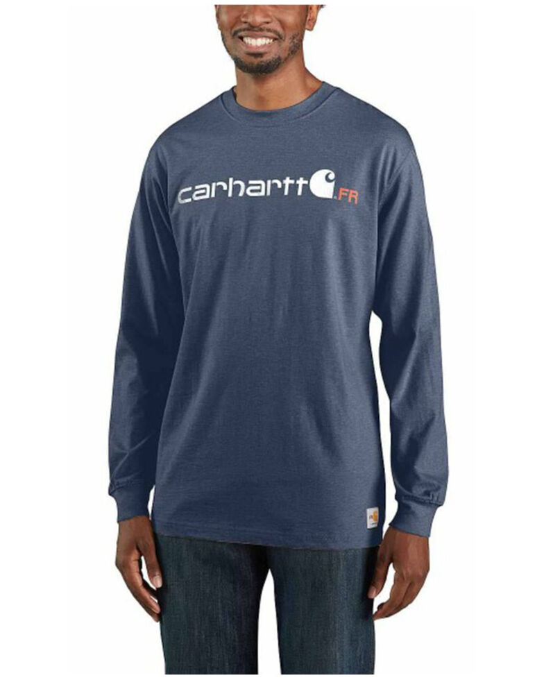 Carhartt Men's FR Force Midweight Logo Long Sleeve Work T-Shirt , Dark Blue, hi-res