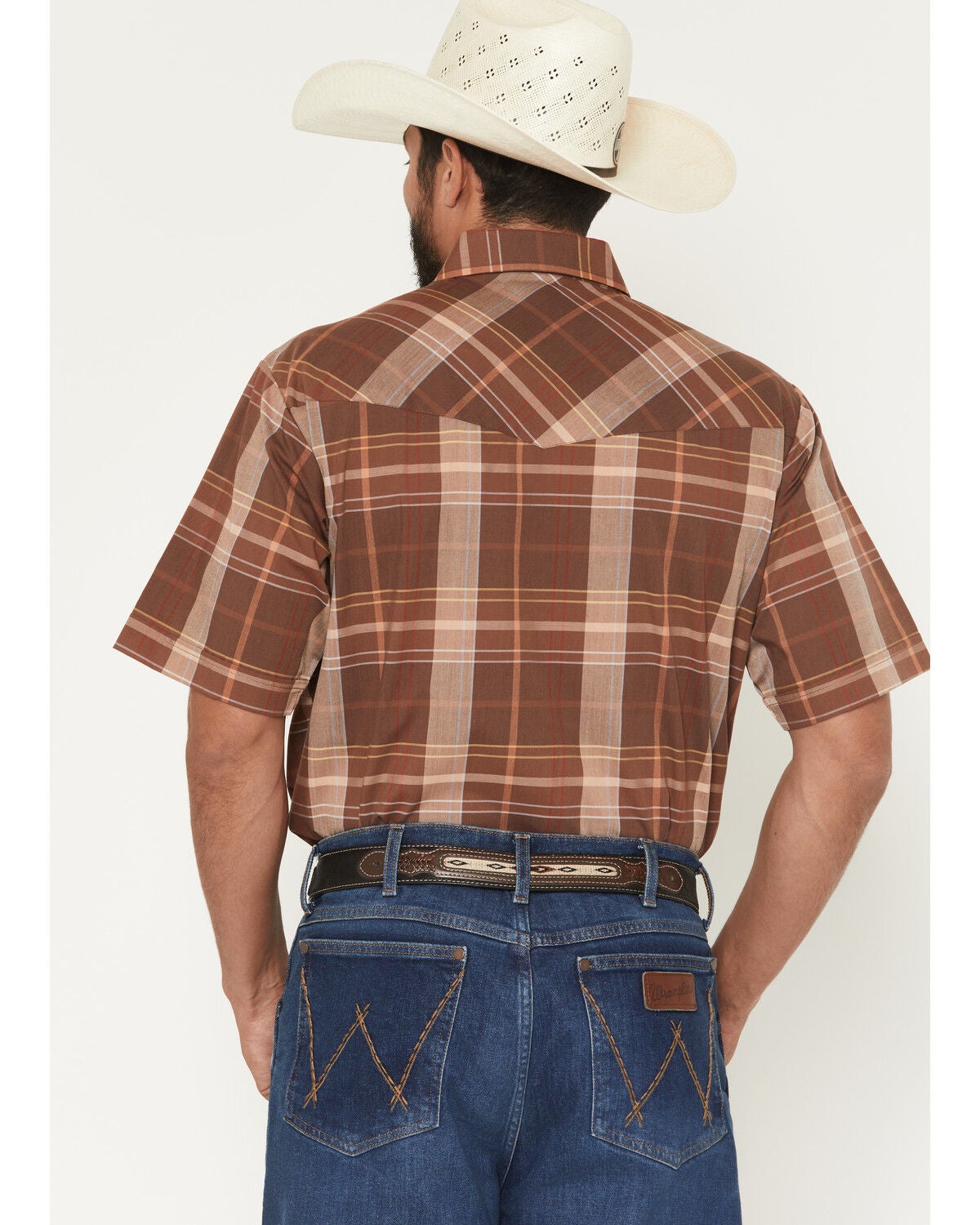 Image #4 - Ely Walker Men's Boot Barn Exclusive Plaid Print Short Sleeve Pearl Snap Western Shirt, Brown, hi-res