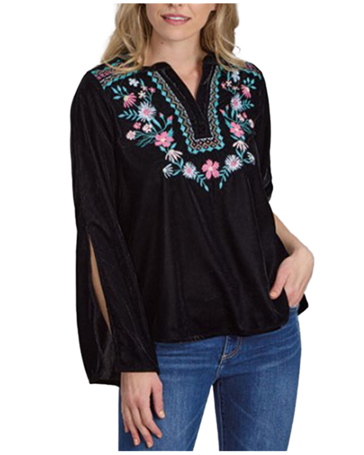 Image #1 - Roper Women's Floral Embroidered Velvet Long Sleeve Blouse, Black, hi-res
