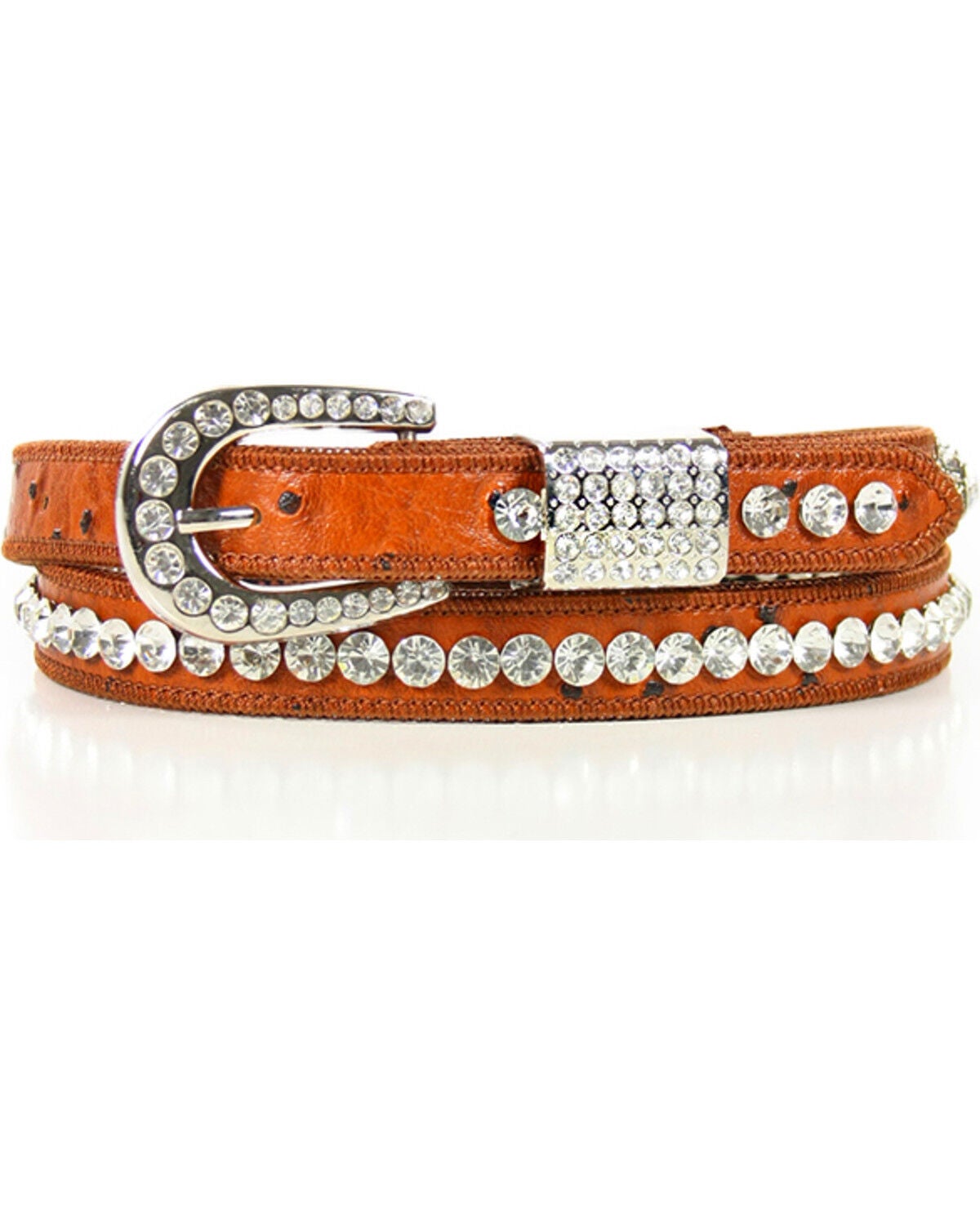 Shyanne Women's Skinny Faux Ostrich Rhinestone Belt, Brown, hi-res