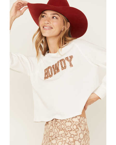 Image #1 - Blended Women's Howdy Sequin Graphic Long Sleeve Tee, Ivory, hi-res