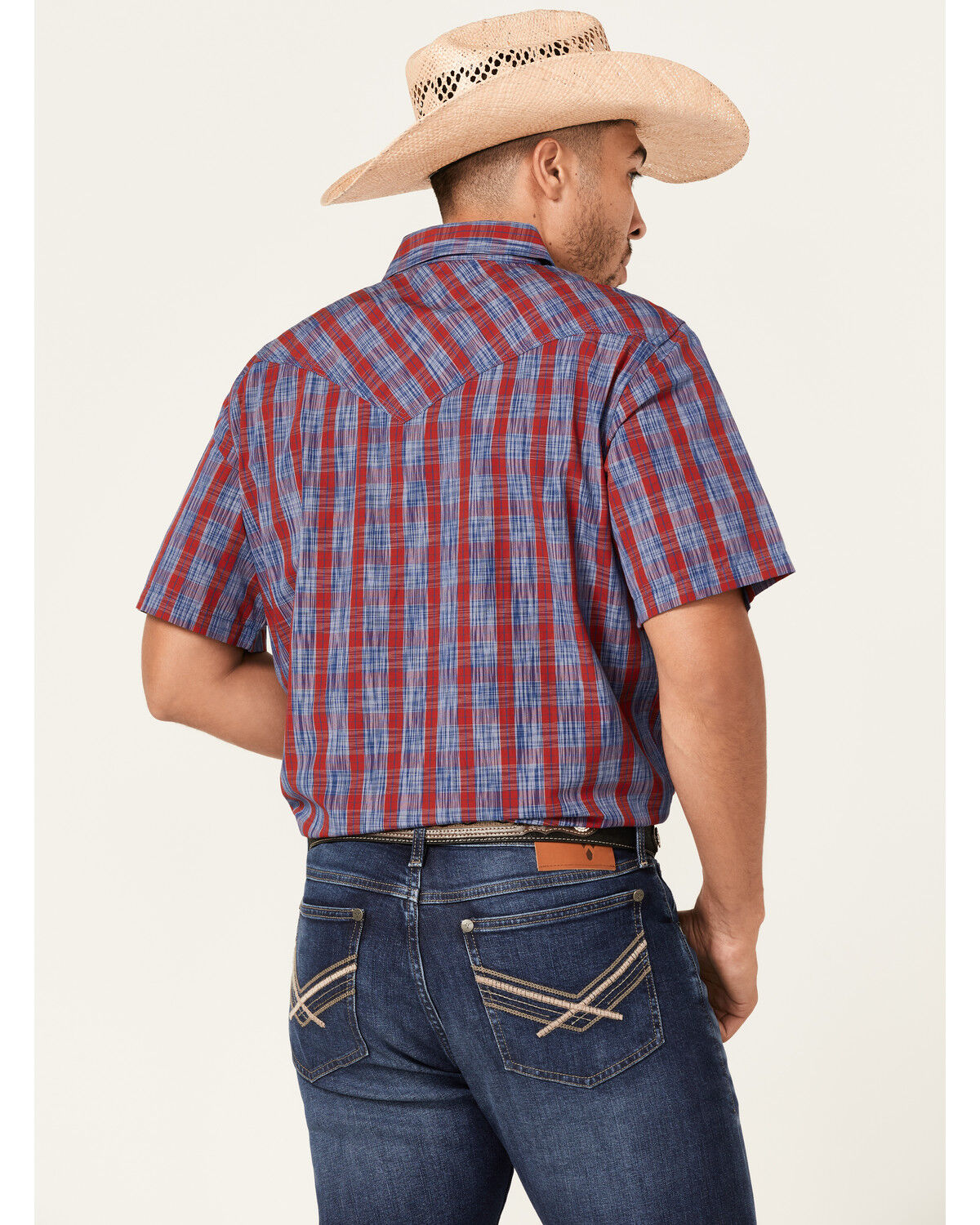 Image #2 - Moonshine Spirit Men's Roja Plaid Print Short Sleeve Snap Western Shirt, Navy, hi-res