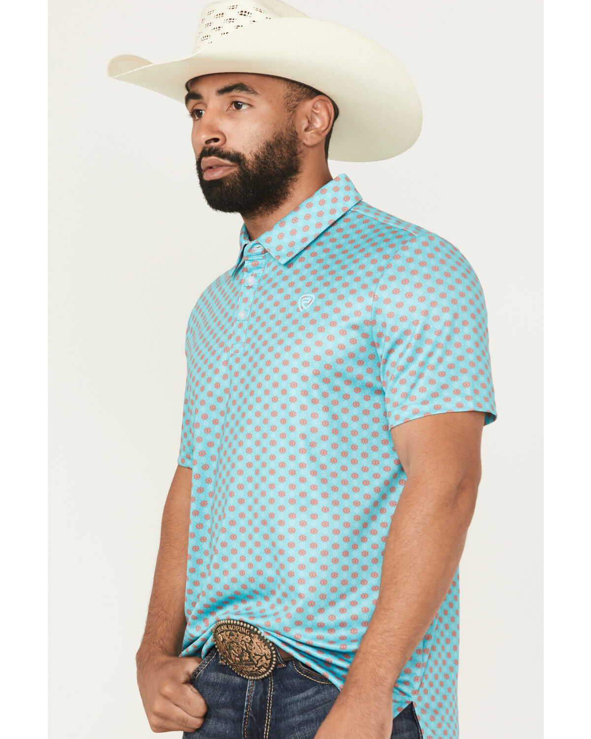 Image #2 - Rock & Roll Denim Men's Geo Print Short Sleeve Button-Down Stretch Polo Shirt, Teal, hi-res
