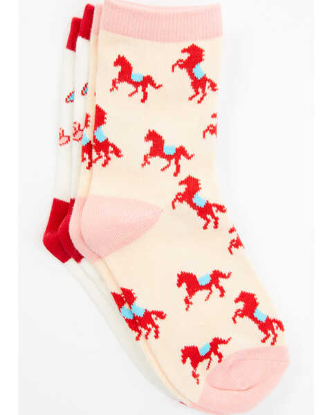 RANK 45 Girls' Floral & Horse Print Crew Socks - 2-Pack, Pink, hi-res