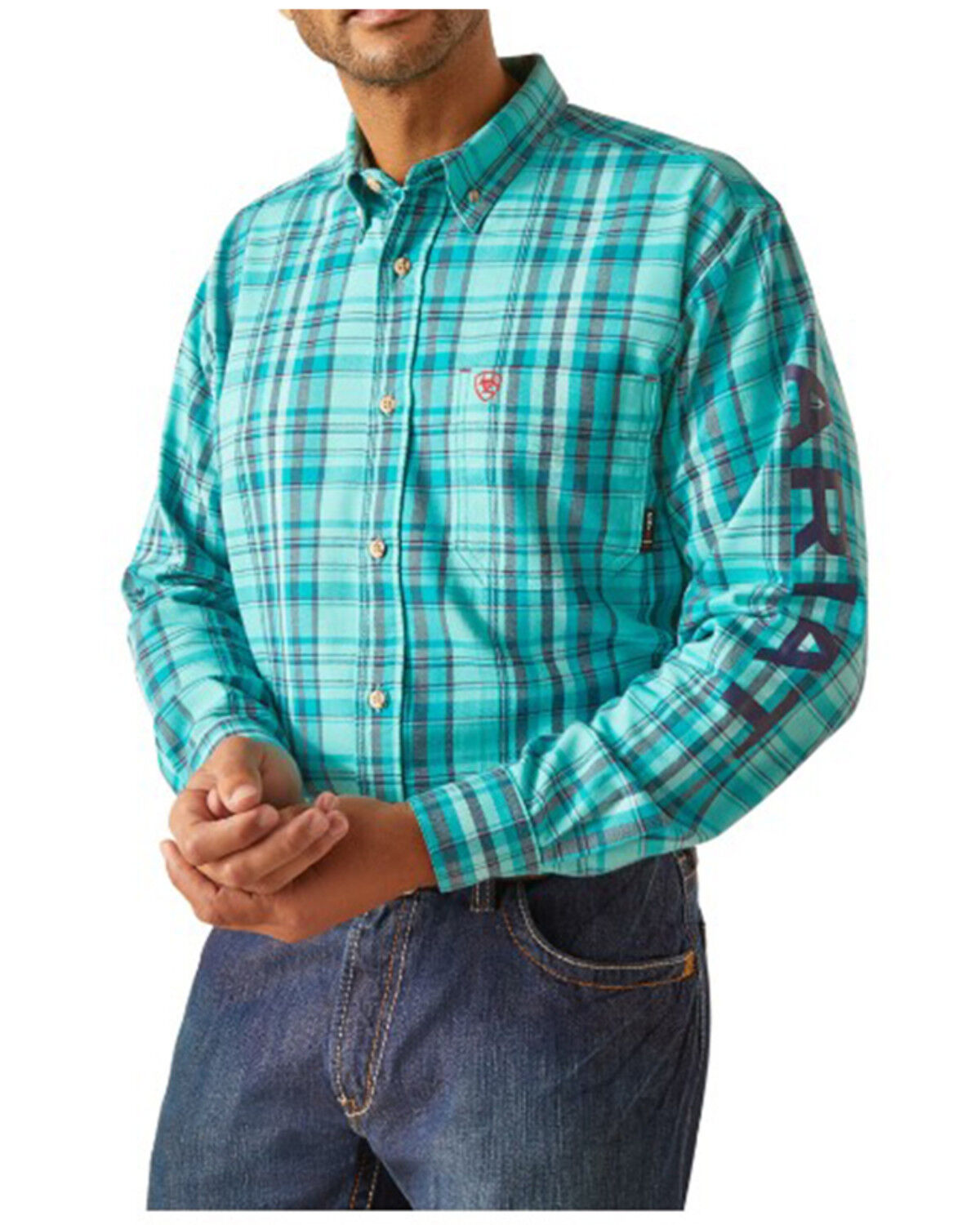 Image #1 - Ariat Men's FR Bobcat Logo Plaid Print Long Sleeve Button-Down Work Shirt, Turquoise, hi-res