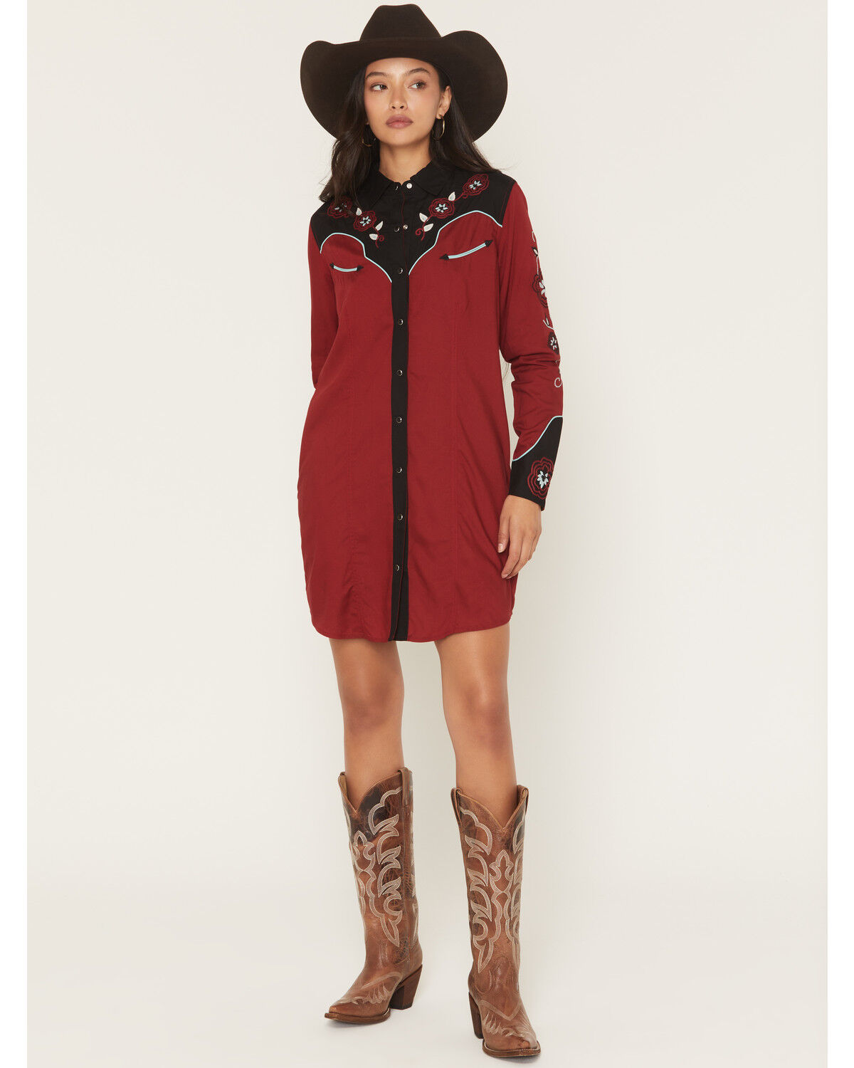 Image #1 - Panhandle Slim Women's Boot Barn Exclusive Long Sleeve Retro Embroidered Challis Mini Dress, Burgundy, hi-res