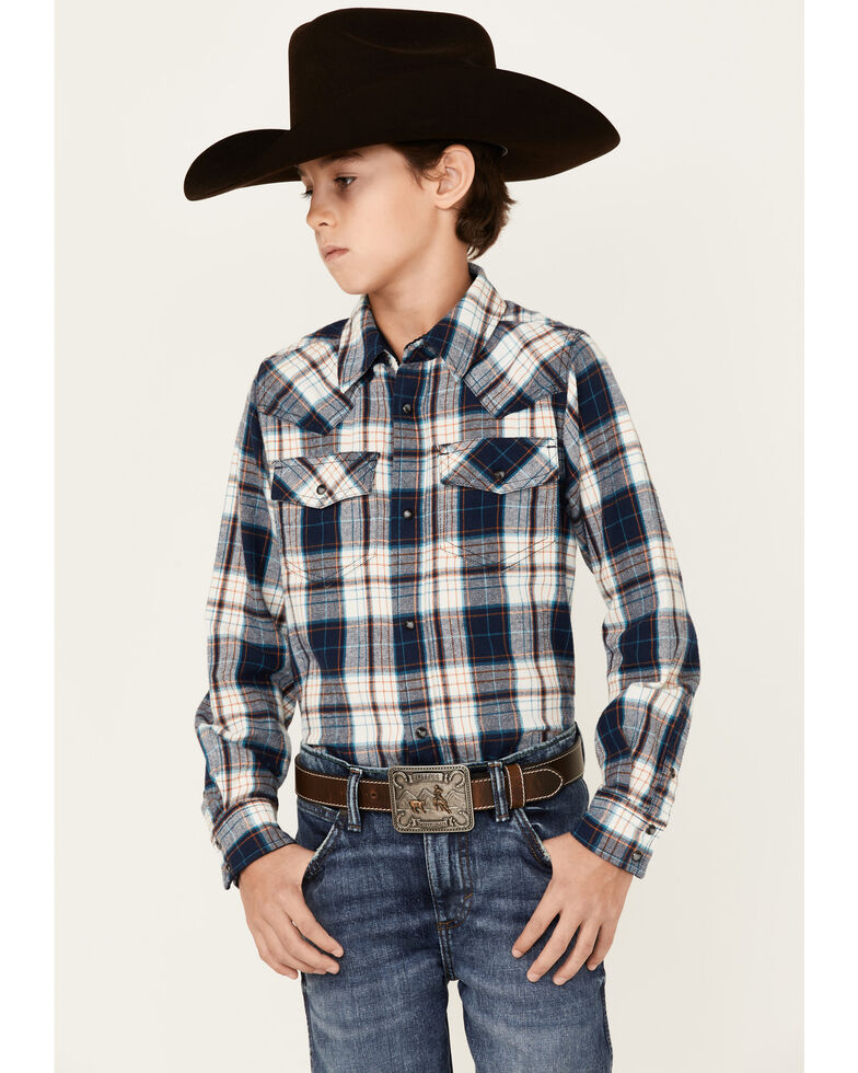 Cody James Boys' Haymaker Woven Plaid Long Sleeve Snap Western Flannel Shirt , Navy, hi-res