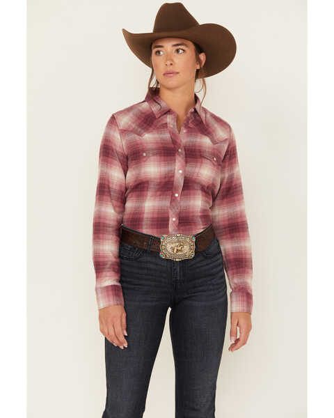 Image #1 - Cumberland Outfitters Women's Plaid Print Long Sleeve Pearl Snap Western Flannel Shirt, Rust Copper, hi-res