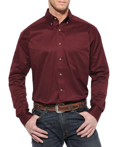 Ariat Men's Burgundy Solid Twill Long Sleeve Western Shirt - Big & Tall , Burgundy, hi-res