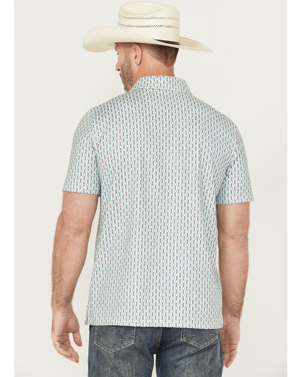 Image #4 - Panhandle Men's Geo Print Short Sleeve Stretch Polo, Aqua, hi-res