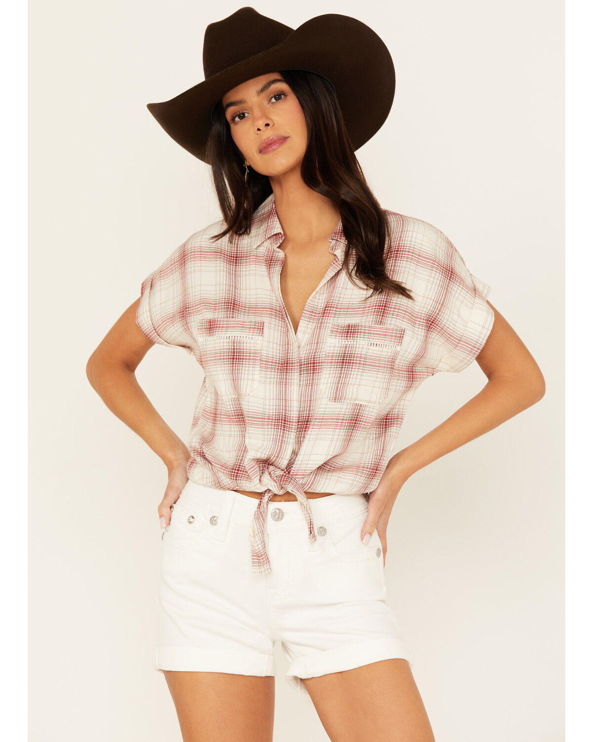 Image #1 - Shyanne Women's Short Sleeve Tie Front Camp Shirt, Brick Red, hi-res