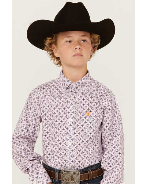 Image #2 - Ariat Boys' Merrick Print Classic Fit Long Sleeve Button Down Western Shirt, Light Purple, hi-res
