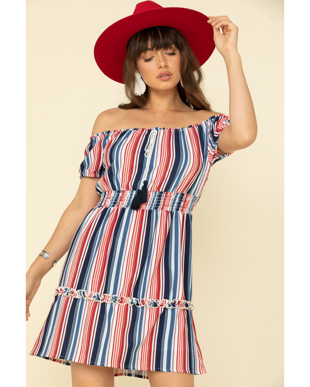 Image #2 - Rock & Roll Denim Women's Stripe Off The Shoulder Mini Dress, Red/white/blue, hi-res