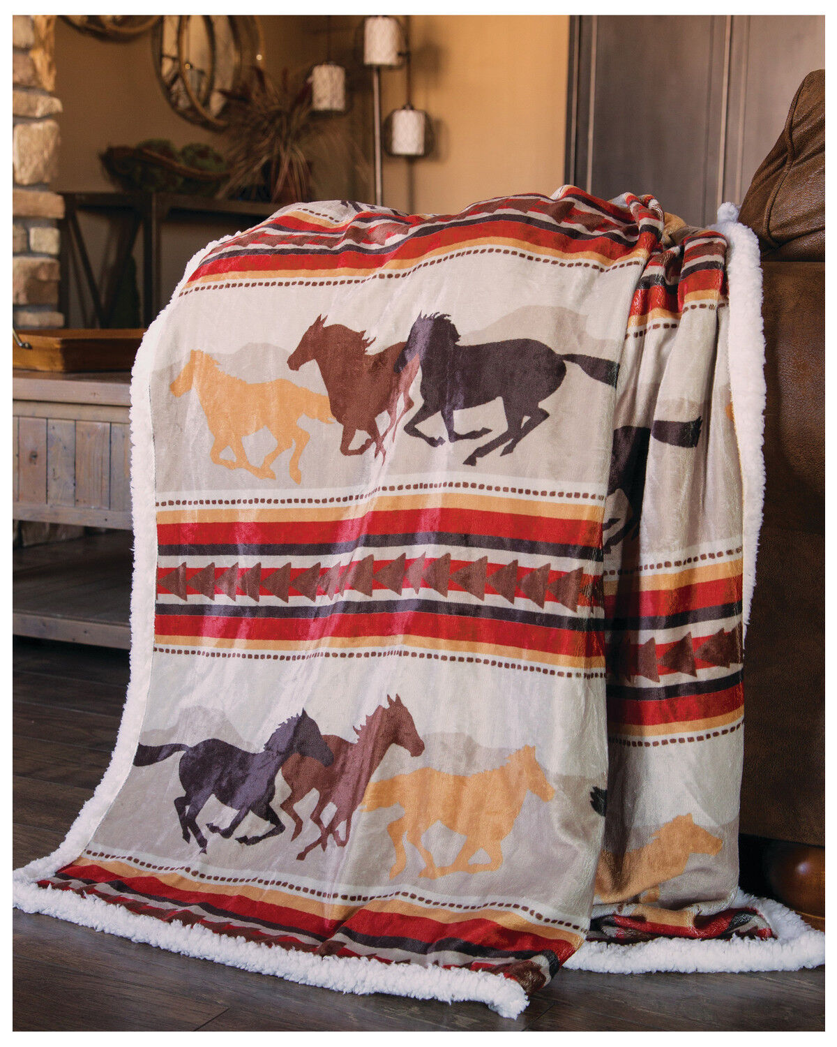 Image #1 - Carstens Home Wrangler Running Horse Country Sherpa Fleece Throw Blanket, Multi, hi-res