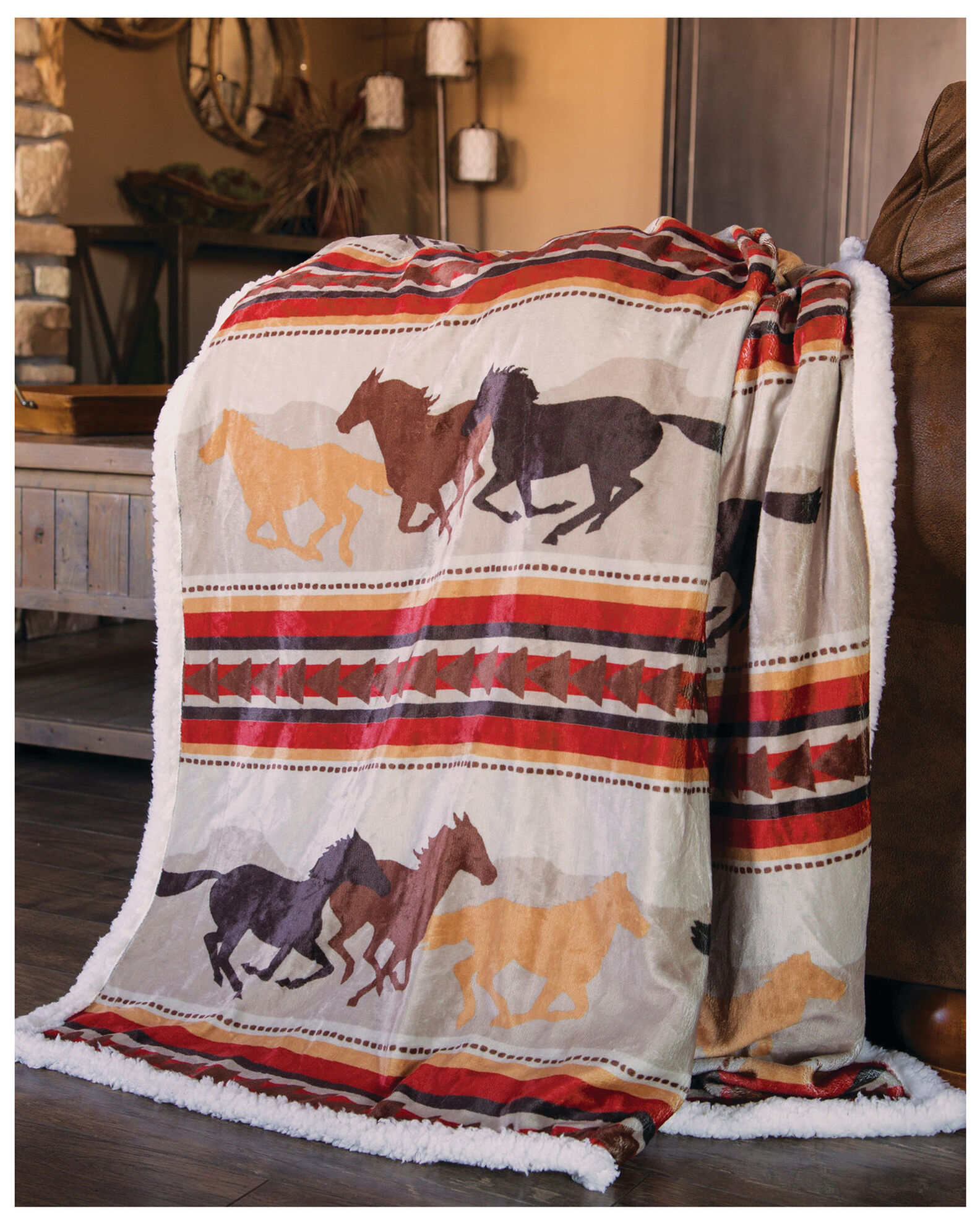 Carstens Home Wrangler Running Horse Country Sherpa Fleece Throw Blanket Sheplers