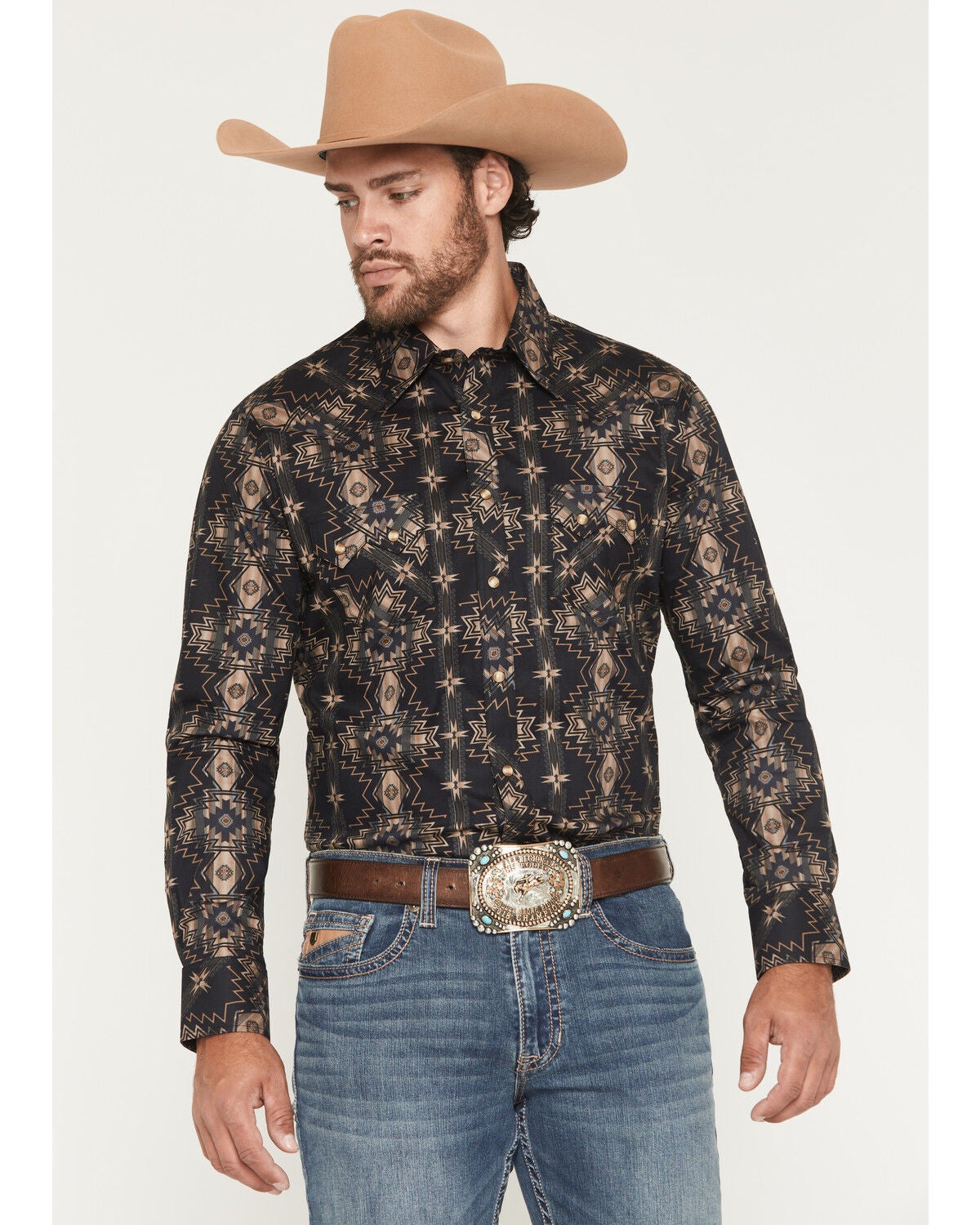 Rock & Roll Denim Men's Southwestern Print Long Sleeve Snap Stretch Western Shirt, Black, hi-res