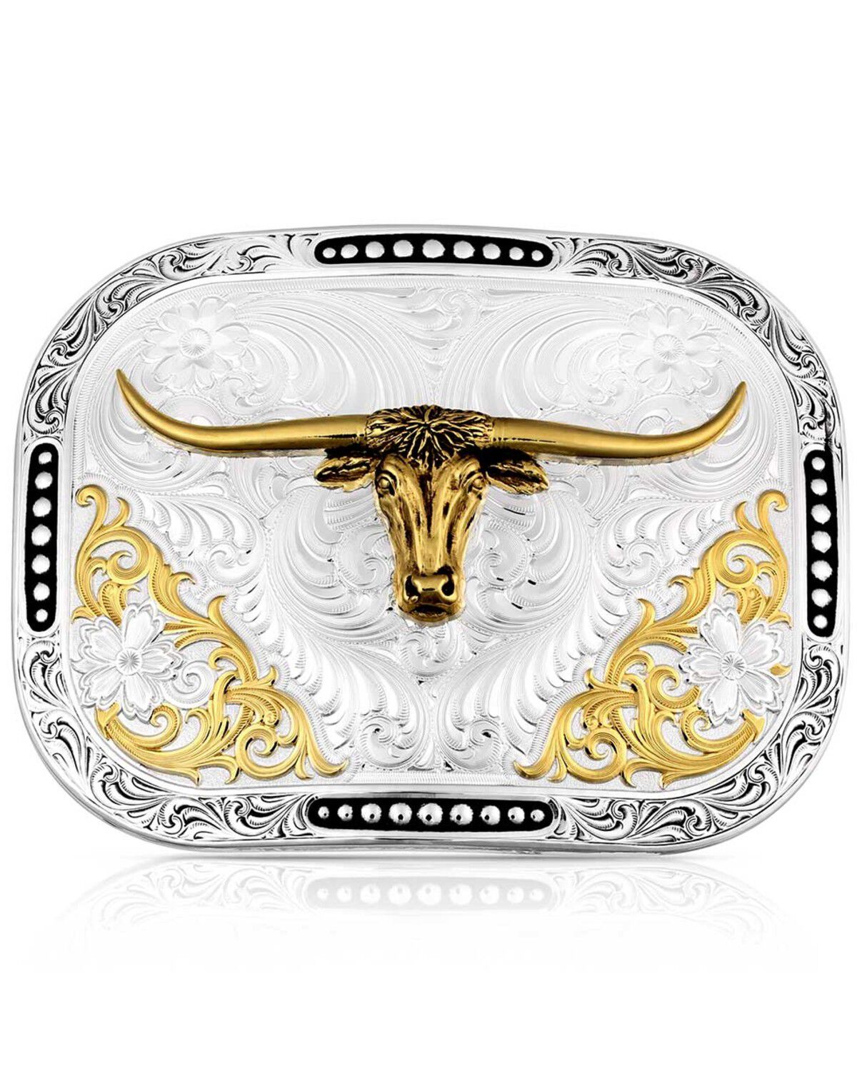 Image #1 - Montana Silversmiths Class Act Two Tone Belt Buckle with Longhorn, Silver, hi-res
