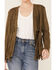 Vocal Women's Dark Olive Tiered Fringe Faux Suede Open-Front Jacket , Olive, hi-res