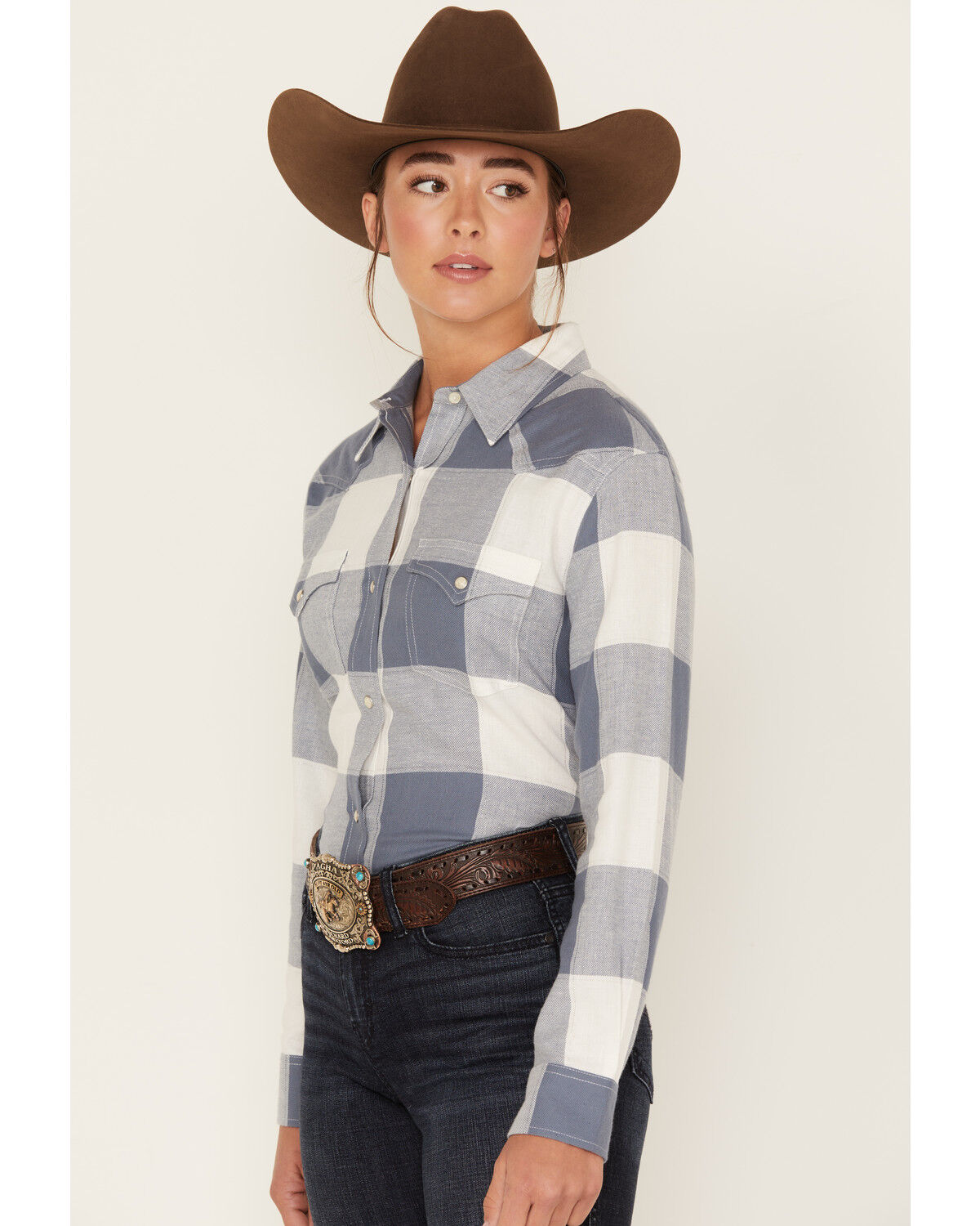 Image #2 - Wrangler Women's Boot Barn Exclusive Buffalo Check Print Long Sleeve Western Flannel Snap Shirt, Blue/white, hi-res