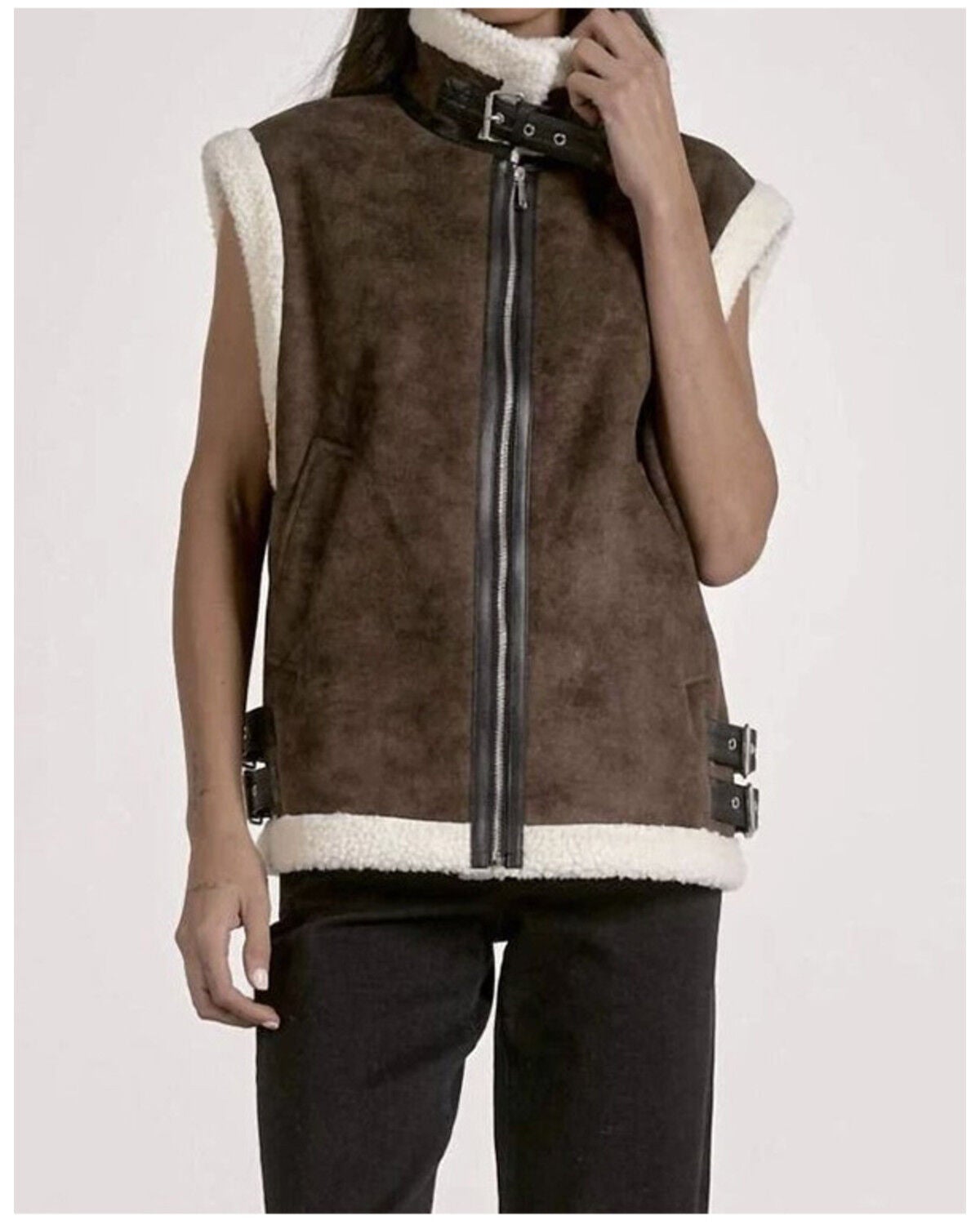 Image #1 - Elan Women's Sherpa Lined Moto Vest, Dark Brown, hi-res