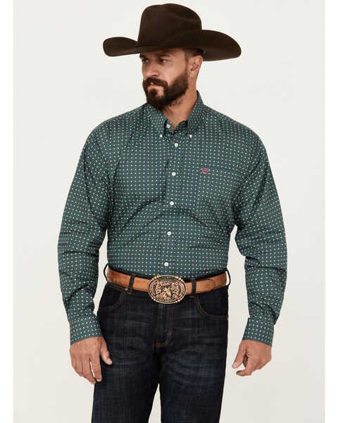 Image #1 - Cinch Men's Geo Print Long Sleeve Button-Down Western Shirt, Dark Green, hi-res