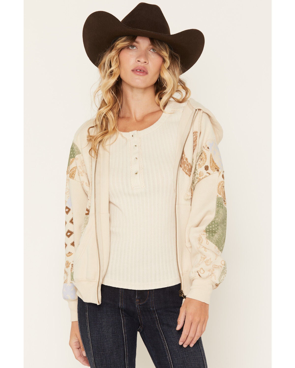 Image #1 - Blended Women's Mixed Print Zip Hoodie, Tan, hi-res