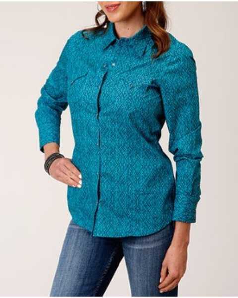 Image #1 - Roper Women's West Made Southwestern Print Long Sleeve Snap Western Shirt , Blue, hi-res