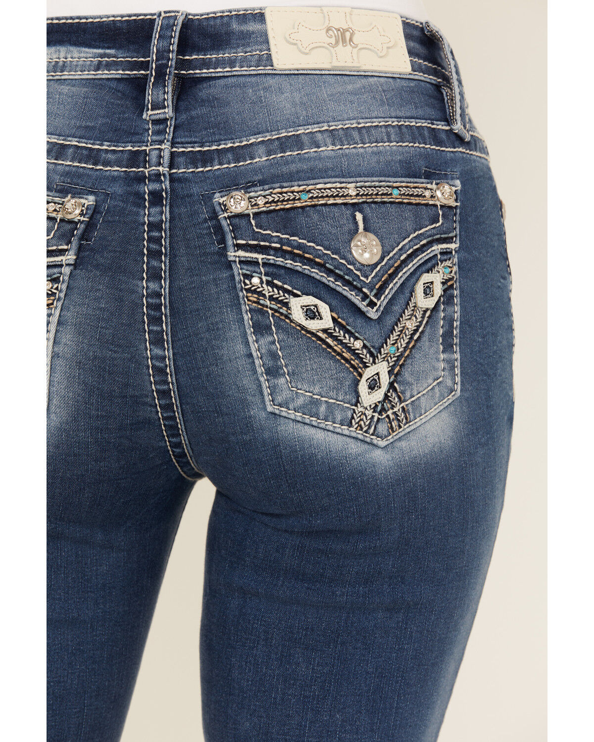 Image #2 - Miss Me Women's Dark Wash Mid Rise Faux Flap Pocket Bootcut Stretch Denim Jeans, Dark Wash, hi-res