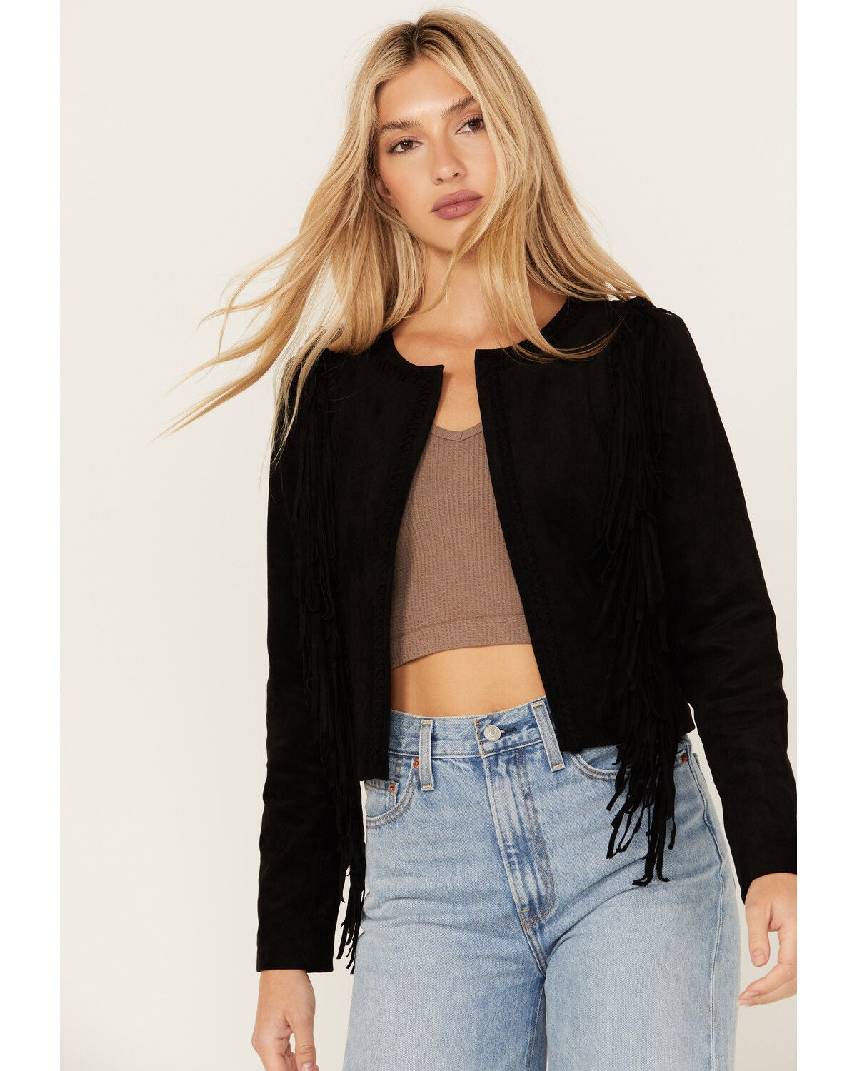 Shyanne Women's Faux Suede Fringe Jacket, Black, hi-res
