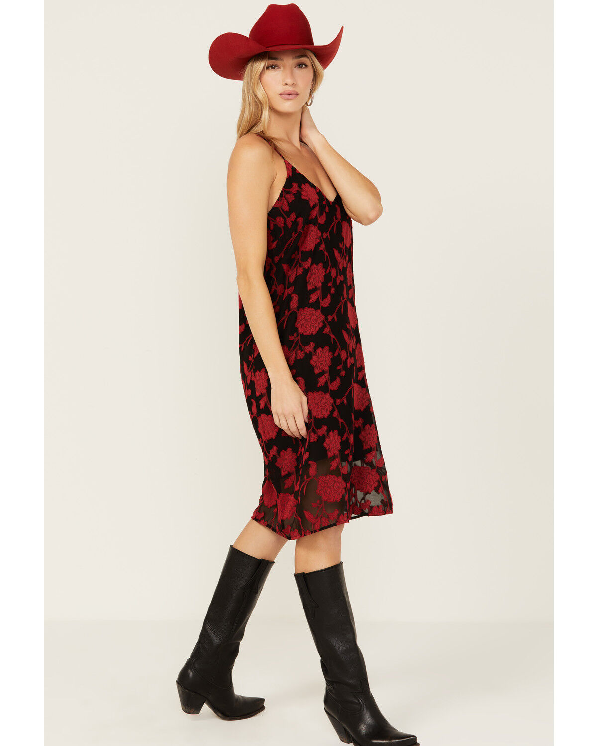 Image #2 - Wild Moss Women's Jacquard Cami Midi Dress, Red, hi-res