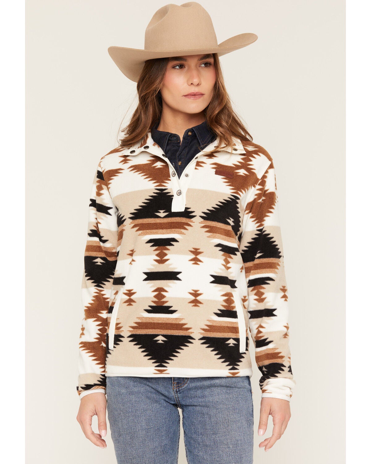 Cinch Women's Boot Barn Exclusive Southwestern Print Fleece Pullover, Khaki, hi-res